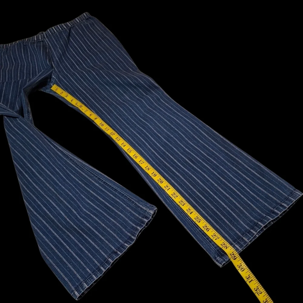 MetroStyle Blue & White Pinstripe Pull-On Comfy Cotton Pants  Women Size Large
